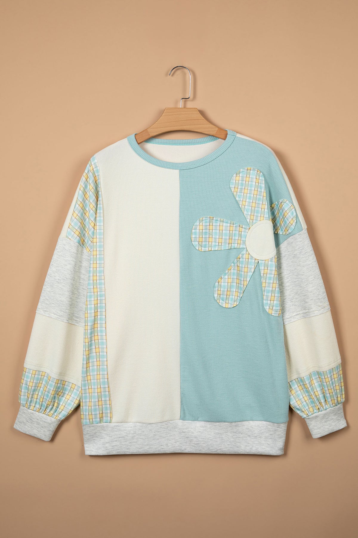 Light Blue Plaid Patchwork Round Neck Top