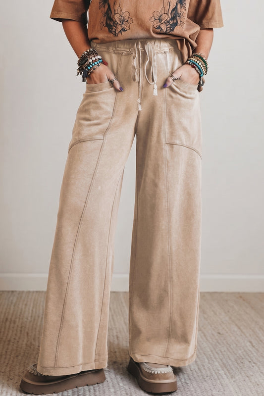 Smoke Gray Mineral Wash Drawstring Retro High Waist Wide Leg Pants