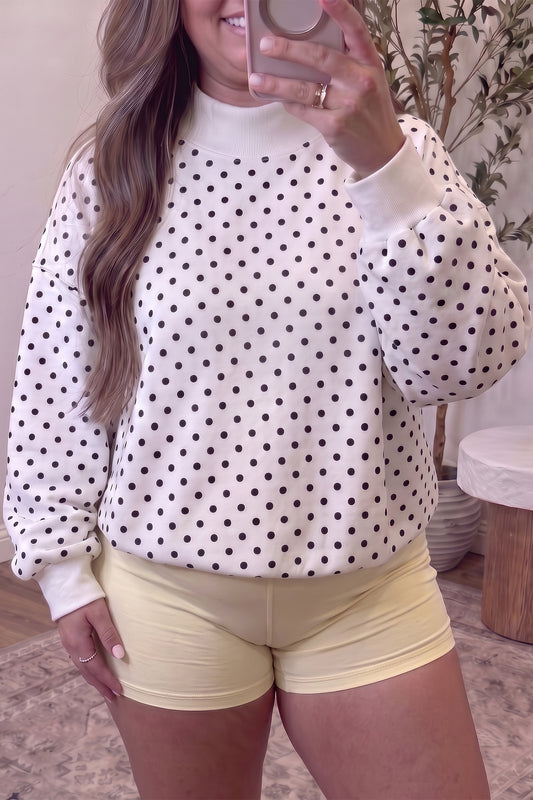 White Polka Dot Ribbed Stand Neck Plus Size Sweatshirt