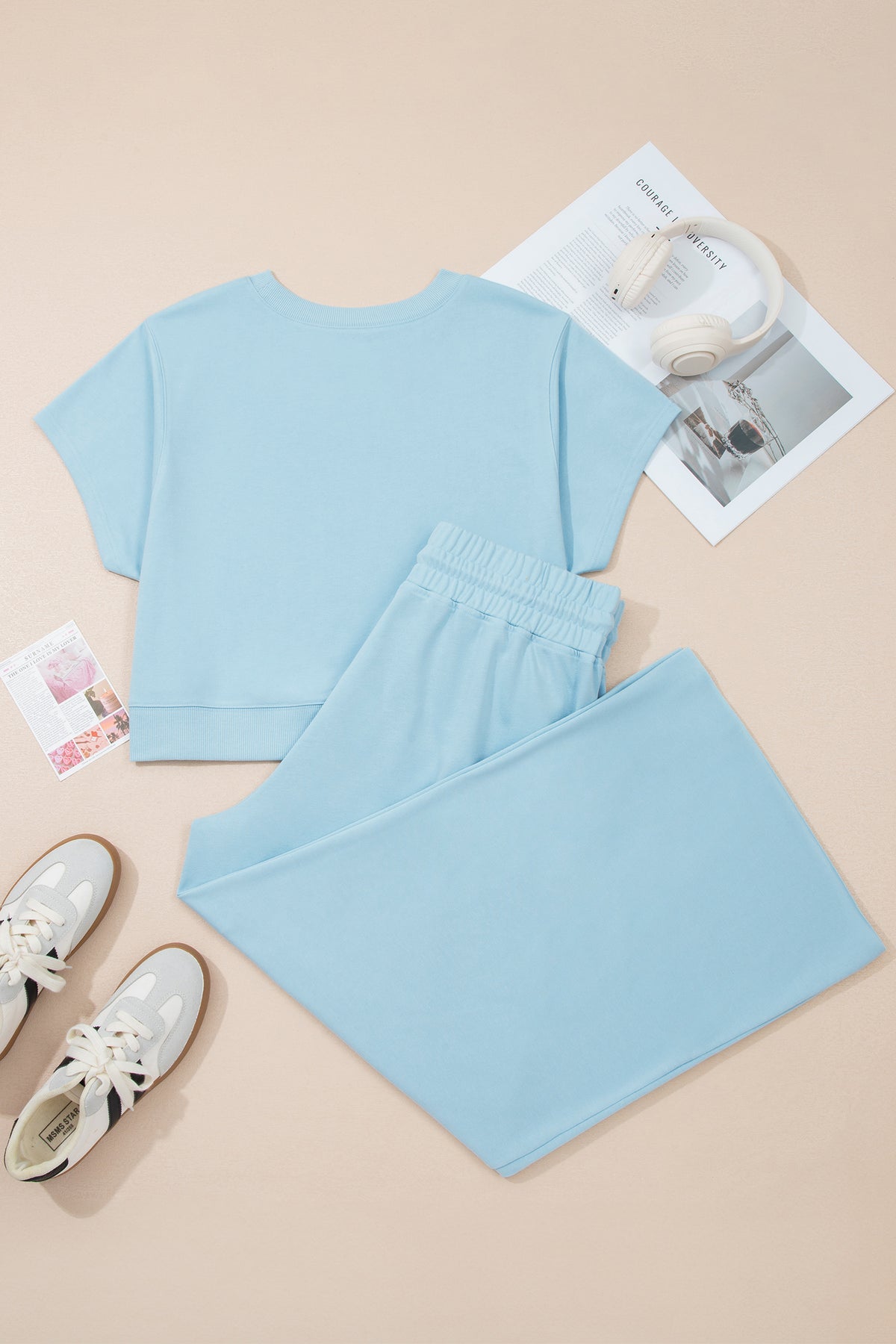 Mist Blue Solid Color Ribbed Trim Short-Sleeve Top Drawstring Loose Pants 2pcs Outfit