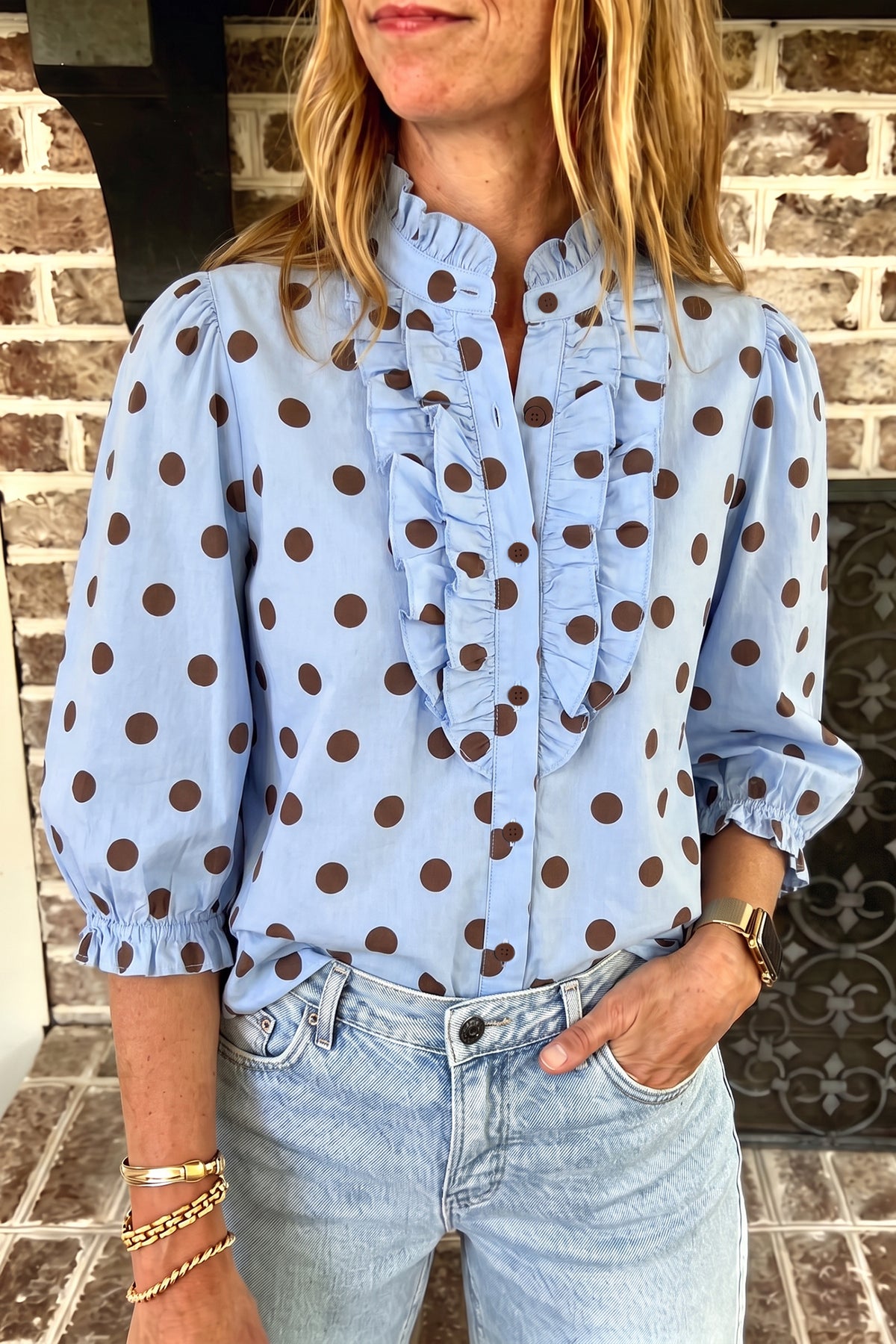 Fiery Red Polka Dot Striped Print Ruffle Stand Shirt
