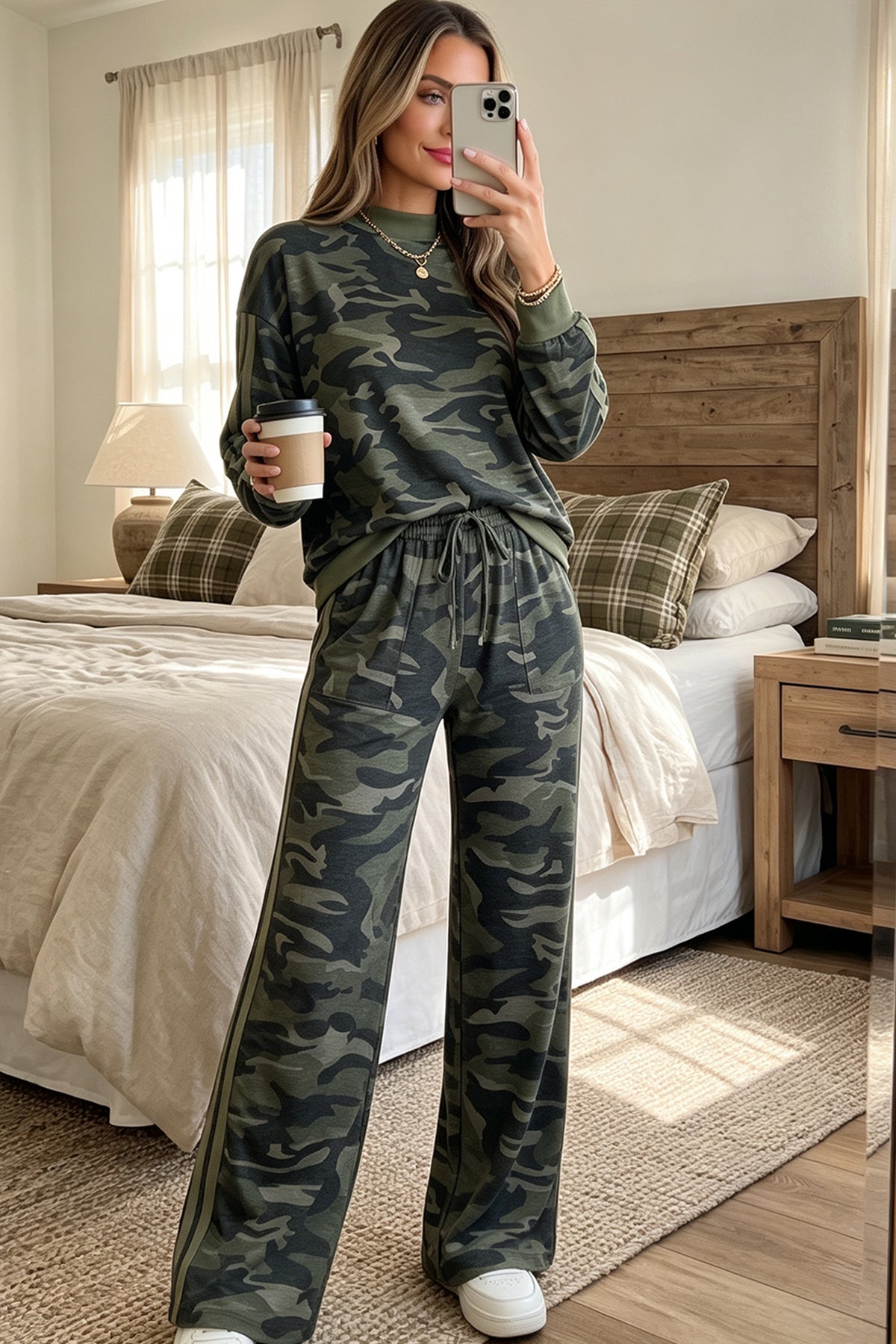 Multicolour Camouflage Patchwork Striped Long Sleeve Top Pants Set