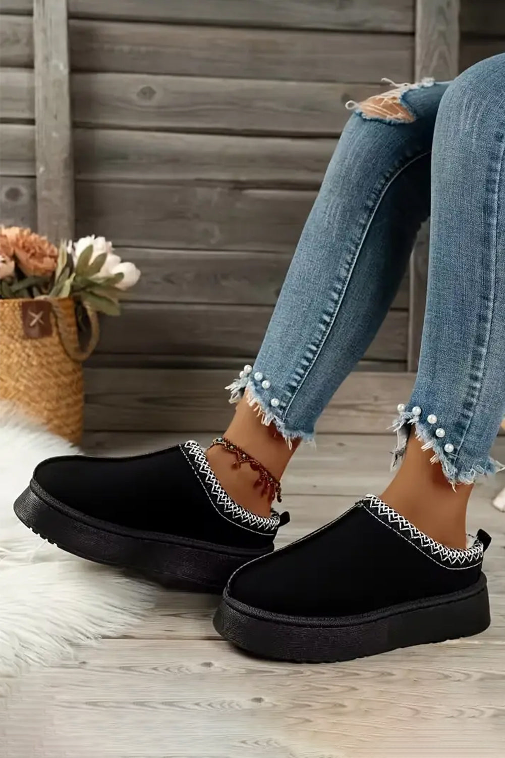Chestnut Faux Suede Embroidered Plush Lined Platform Slippers