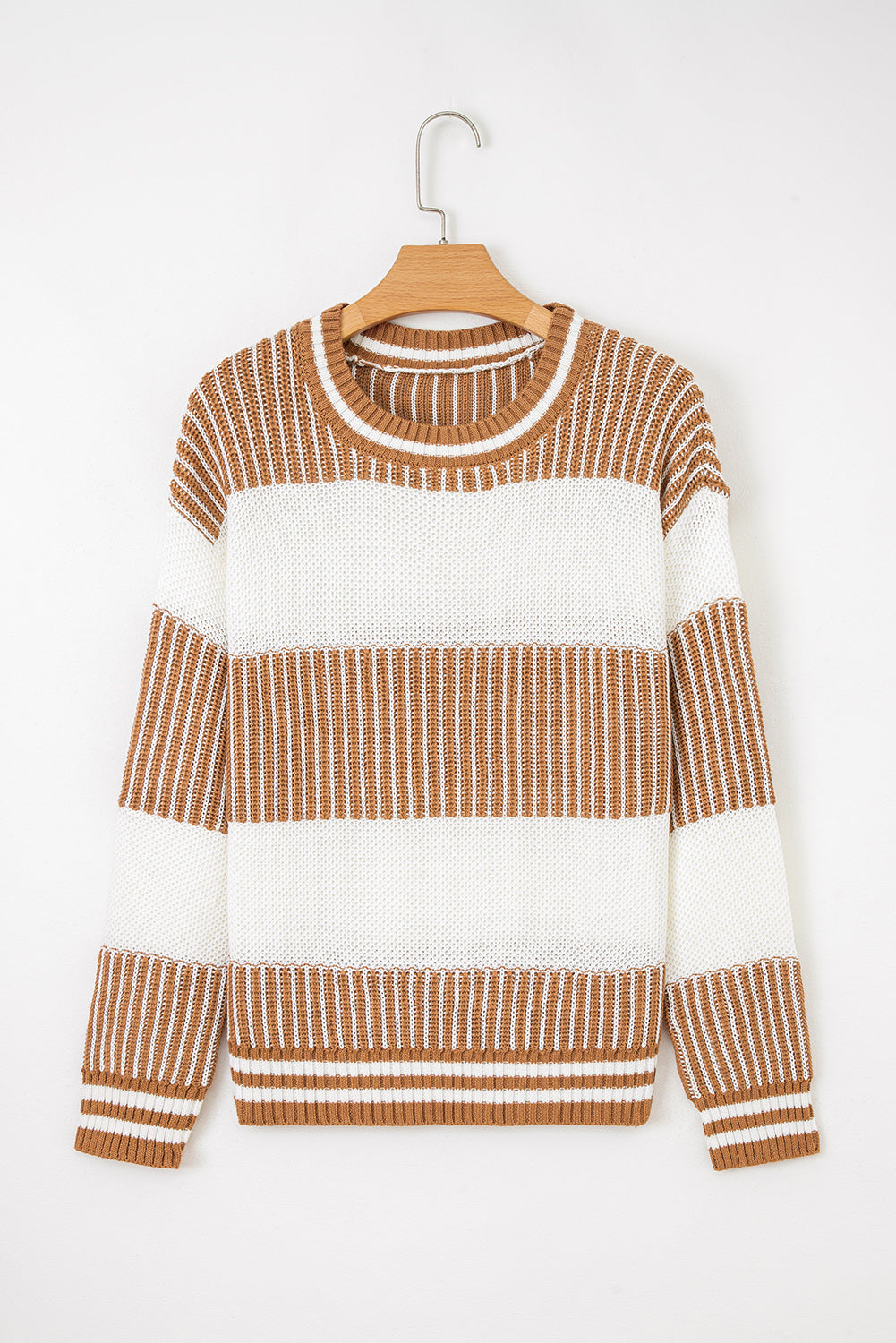 Khaki Two Tone Striped Patchwork Drop Shoulder Loose Sweater