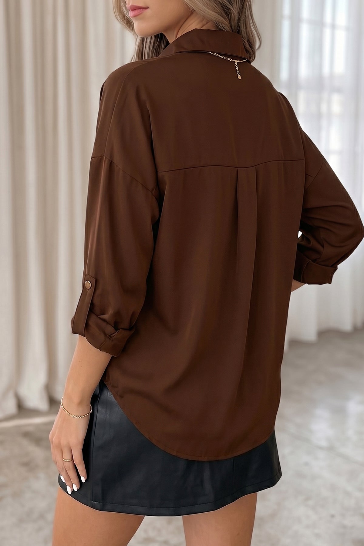 Coffee Multi Button Decoration Tab Long Sleeve Shirt