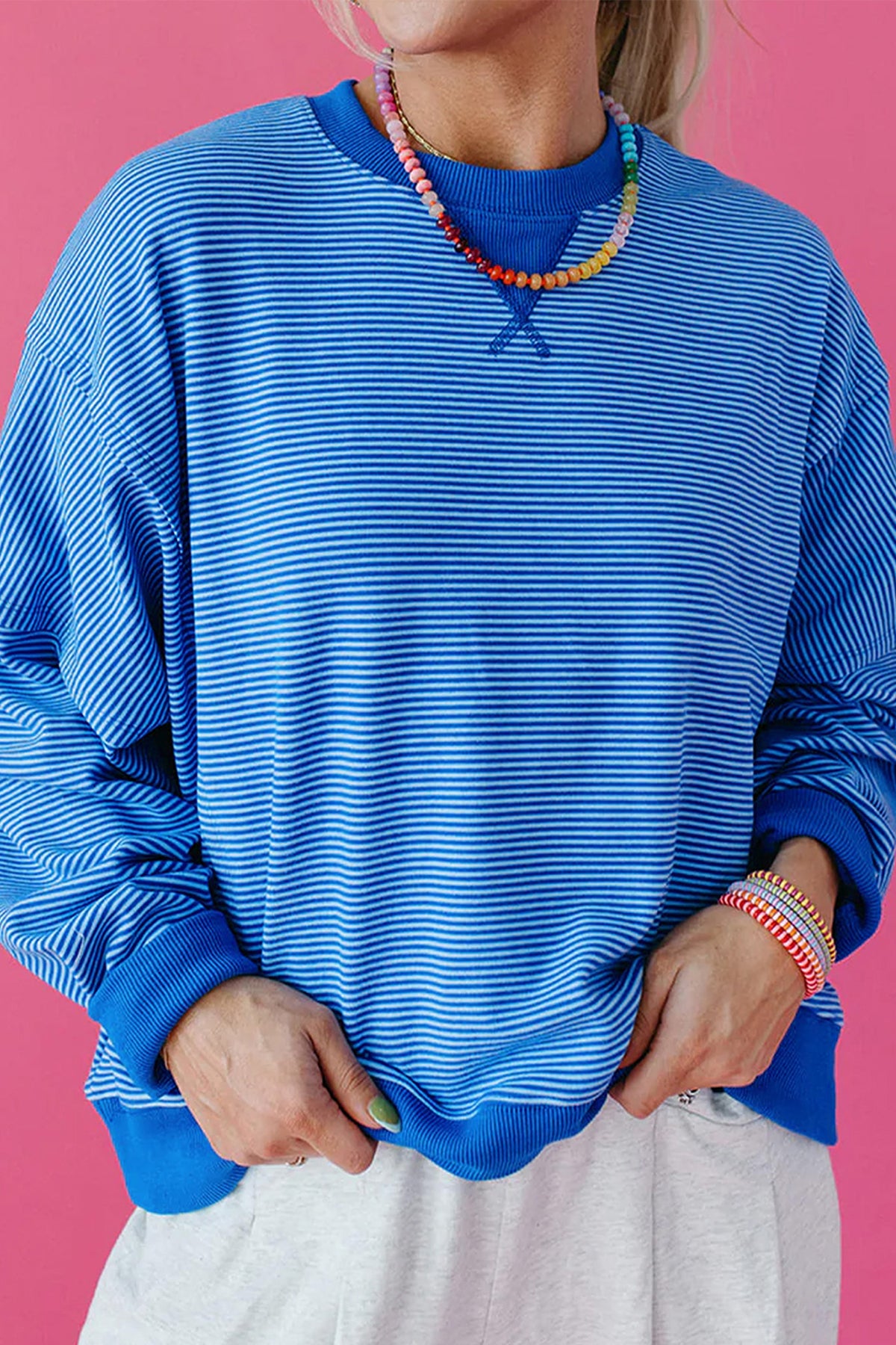 Blue Stripe Ribbed Cuffs Hem Pullover Top