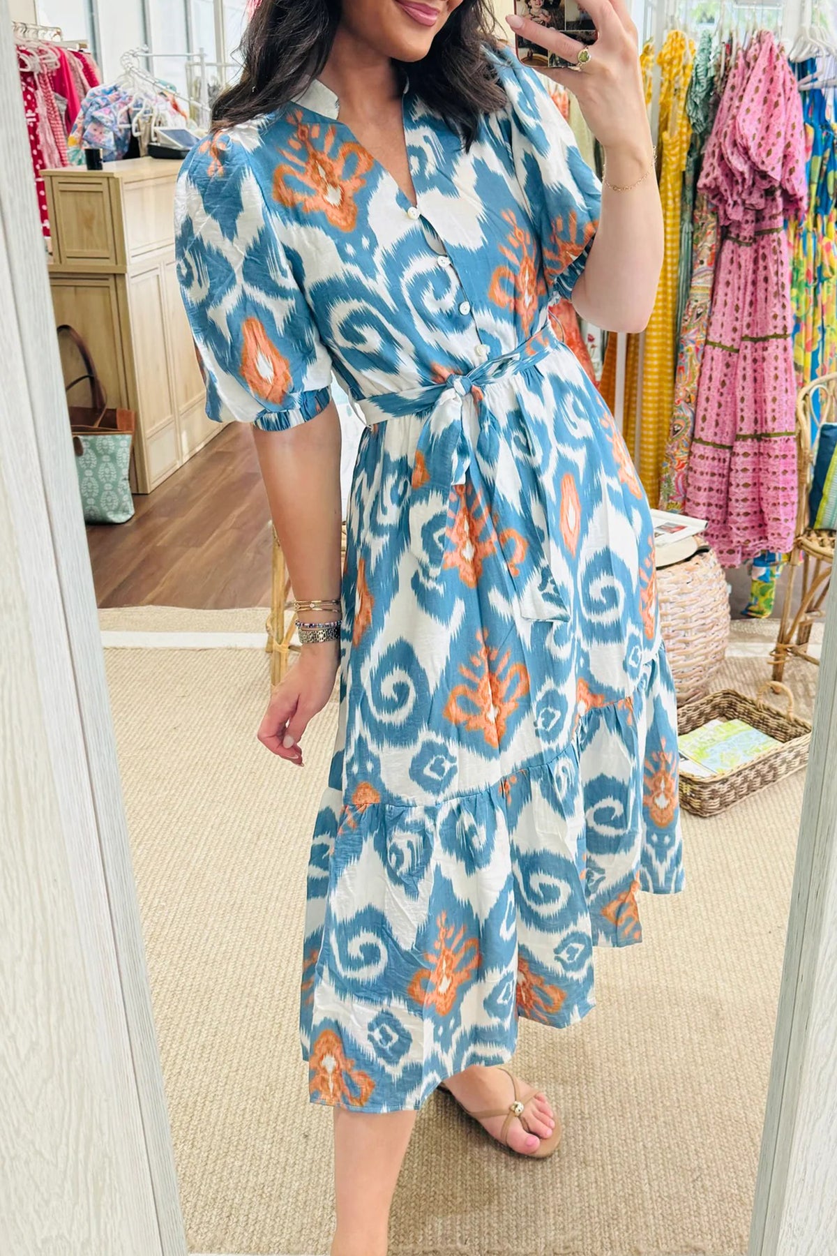 Sky Blue Boho Floral Print Short Puff Sleeve Ruffle Hem Midi Dress