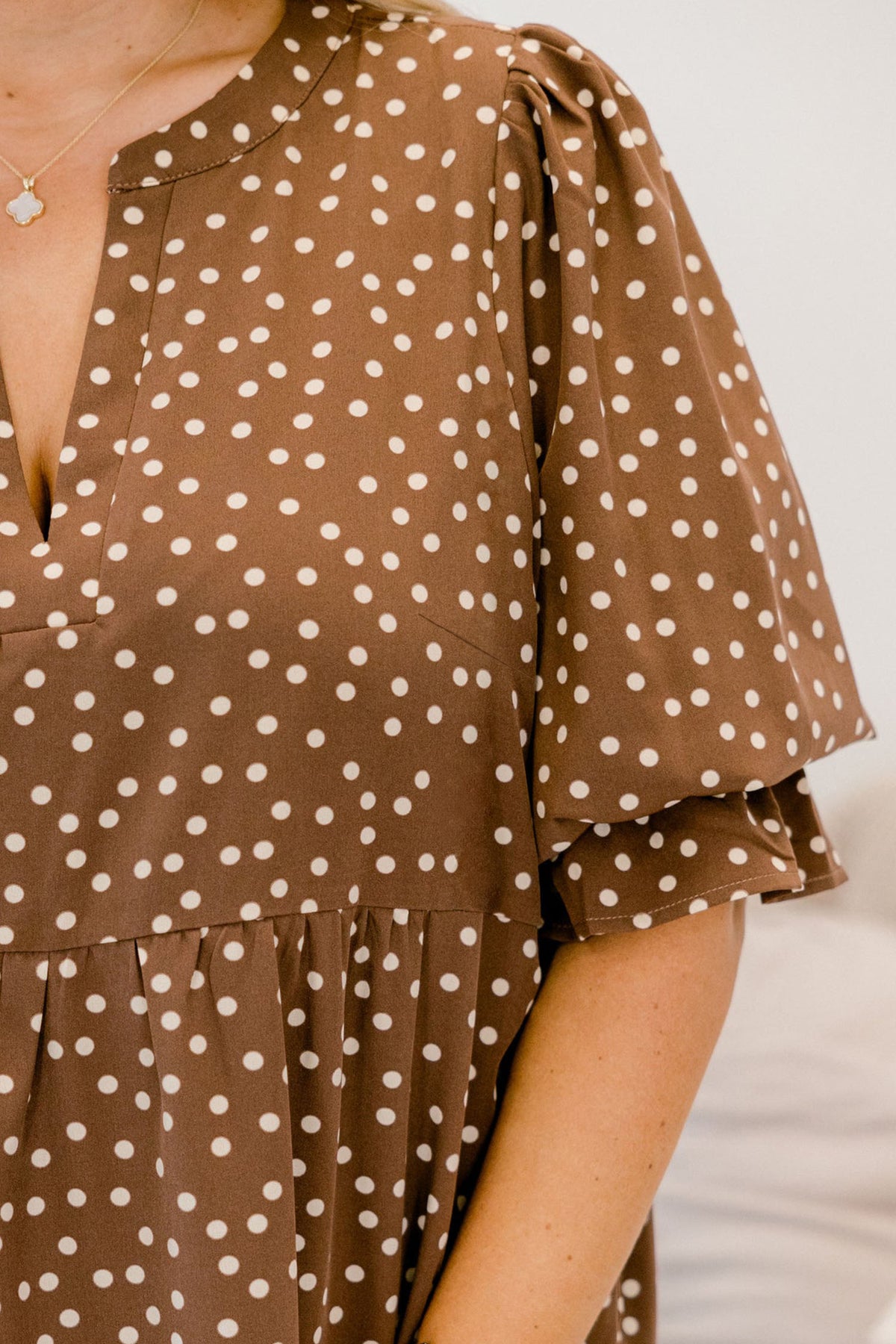Brown V-Neck Polka Dot Long-Sleeve Shift Plus Size Dress