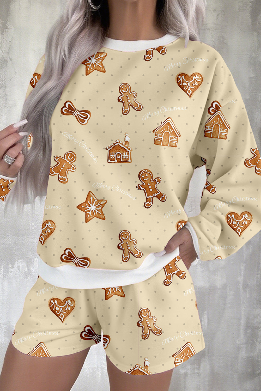 Beige Gingerbread Man Print Long Sleeve Pullover Lounge Shorts Set