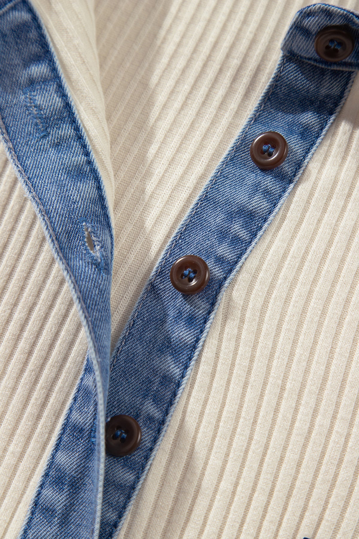 Light Grey Ribbed Denim Colorblock Button Collar Top