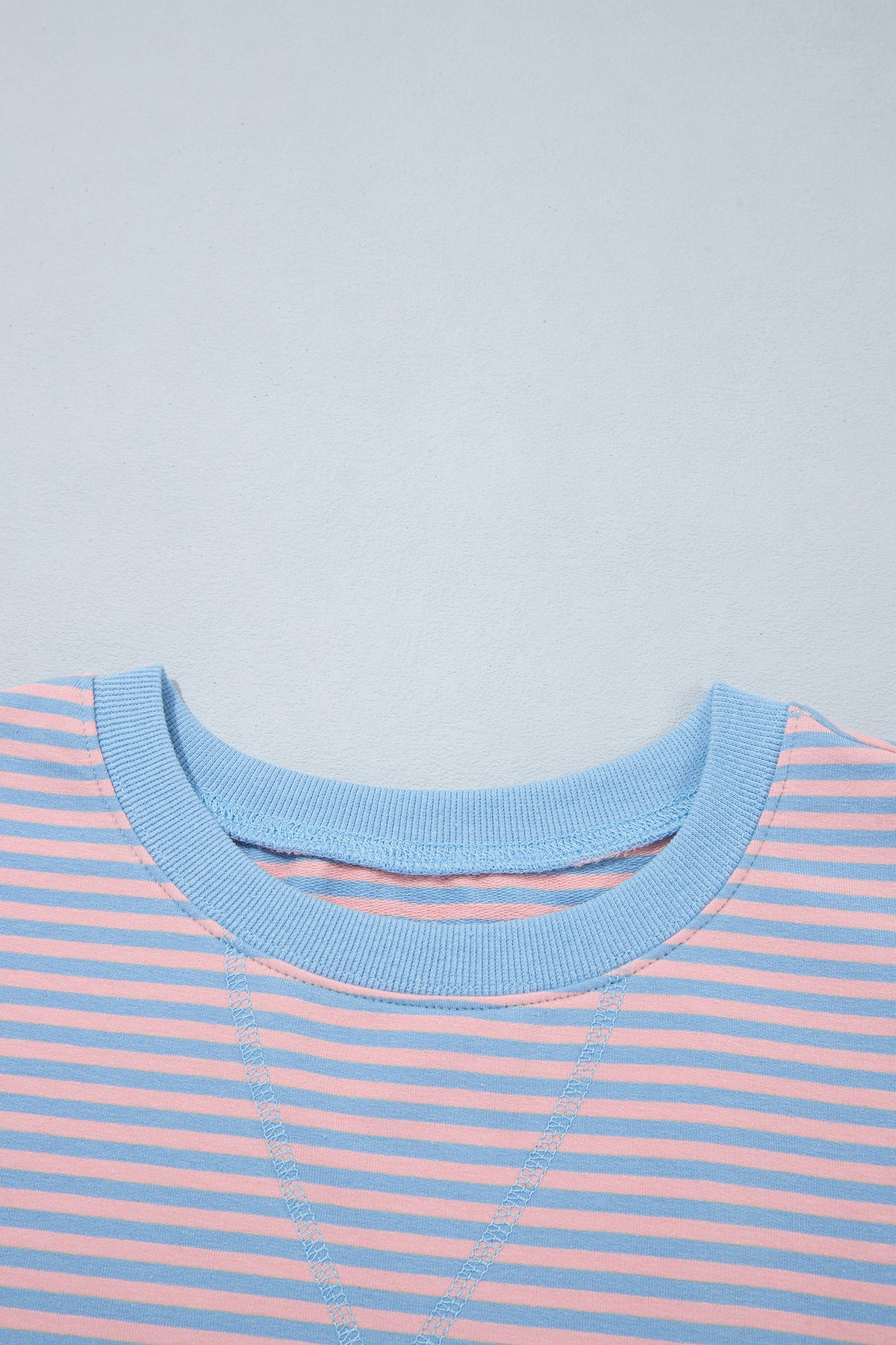 Sky Blue Stripe Colorblock Scalloped Trim 3/4 Sleeve Top