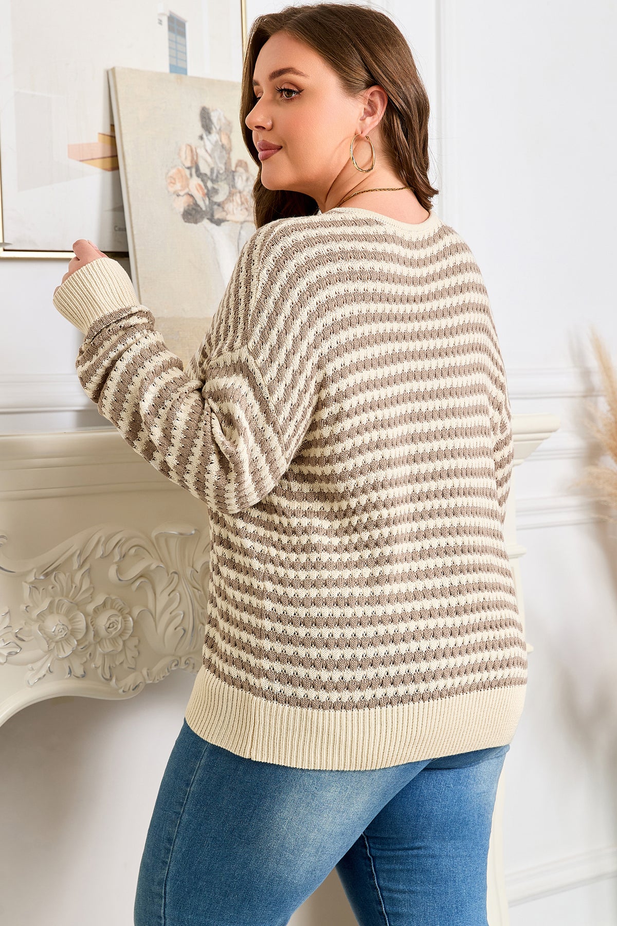 Khaki Stripe Plus Size V-Neck Drop-Shoulder Sweater