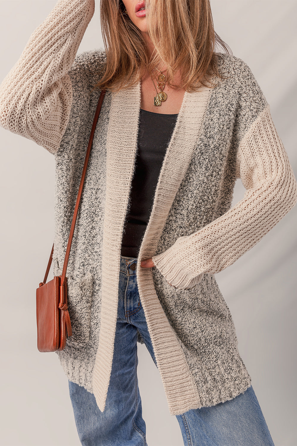 Color Block Side Pockets Open Front Cardigan