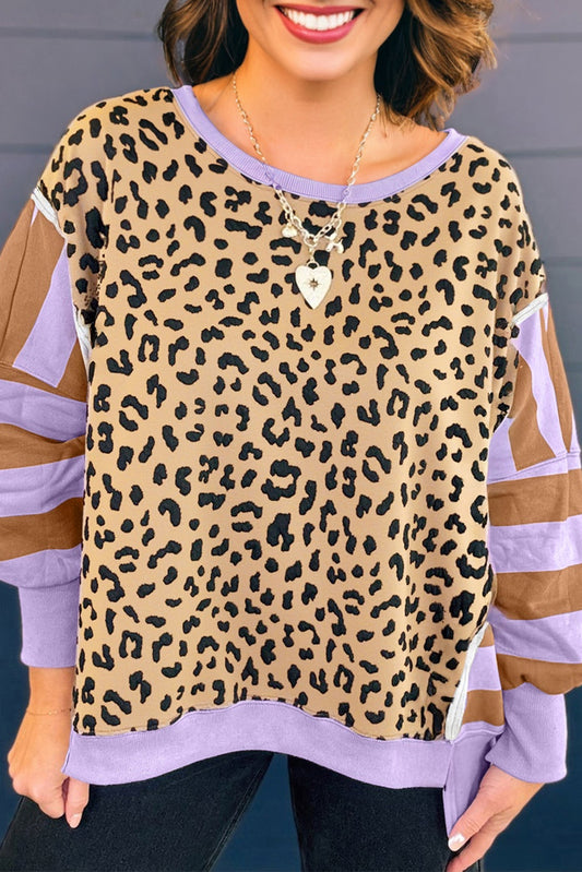 Purple Leopard Striped Patchwork Plus Size Sweatshirt
