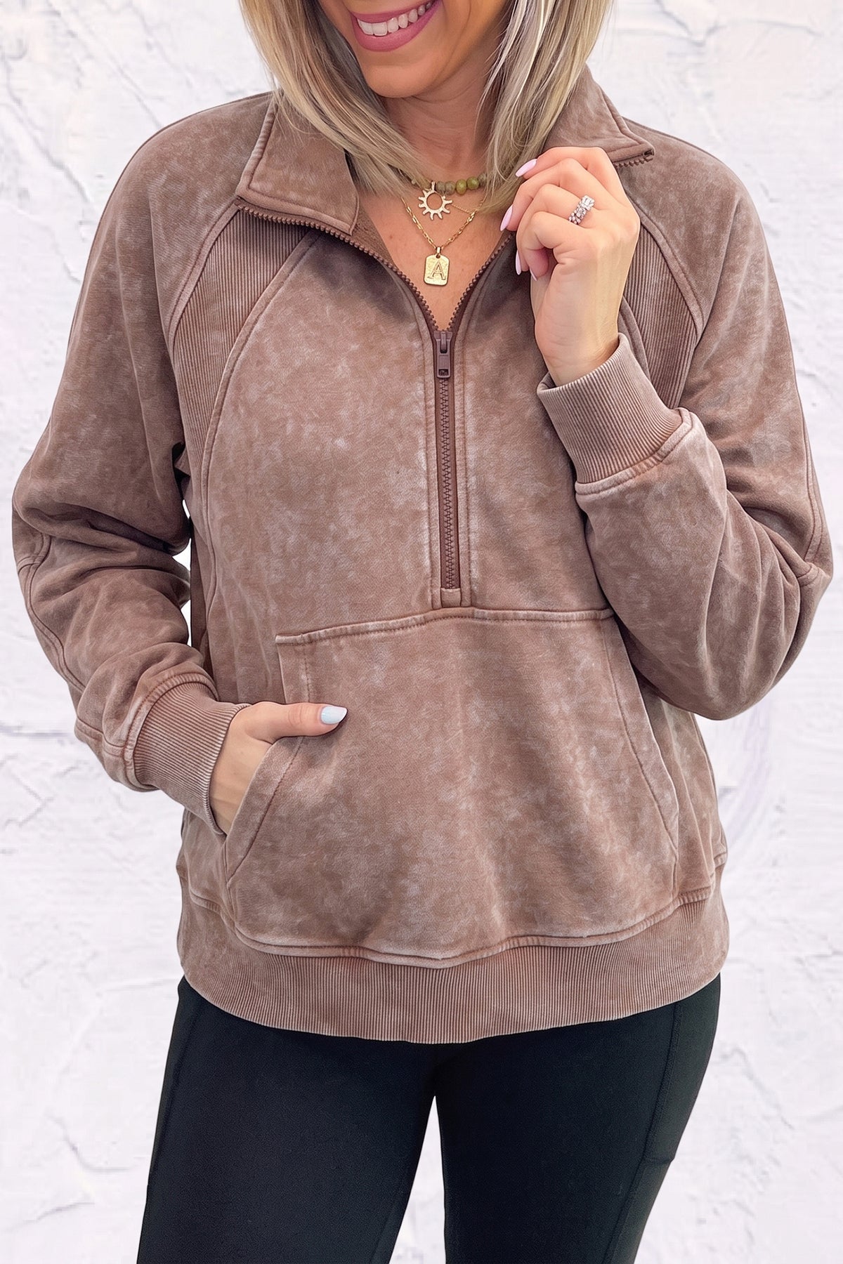 Chestnut Vintage Half-Zip Ribbed Cuffs Hem Sweatshirt