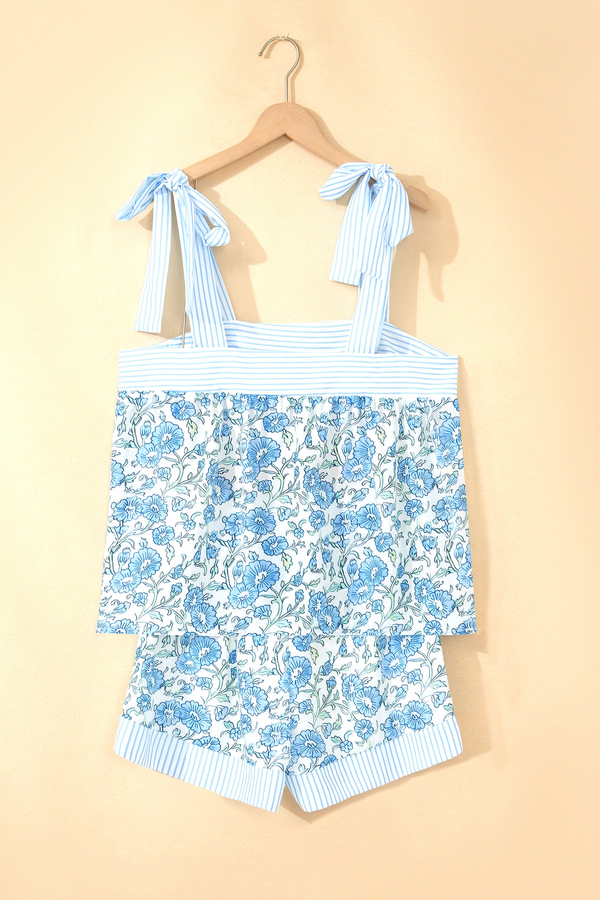 Women's Sky Blue Floral Striped Patchwork Knot Straps Two-Piece Shorts Two-Piece Set