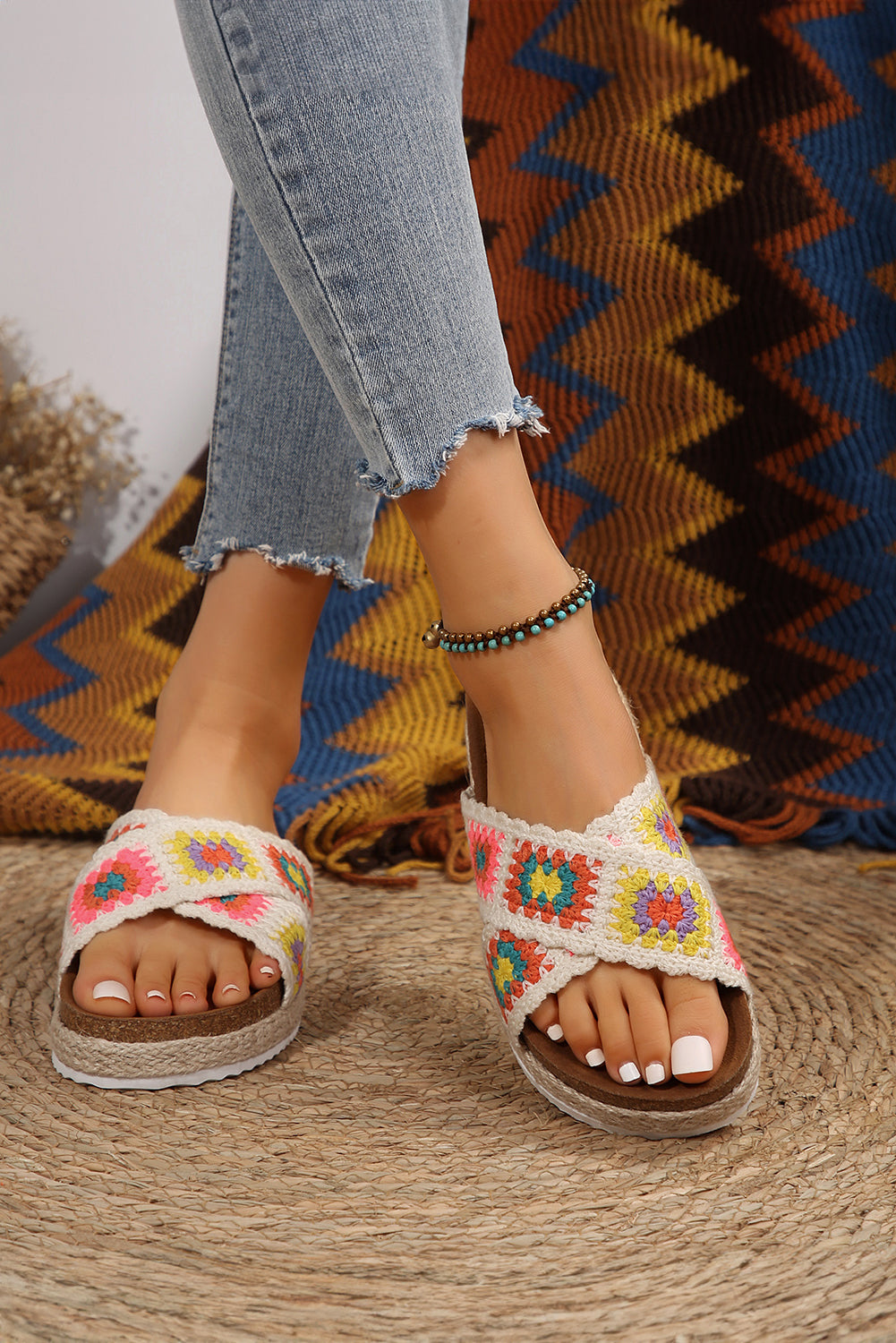 White Geometric Woven Crisscross Strap Platform Sandals