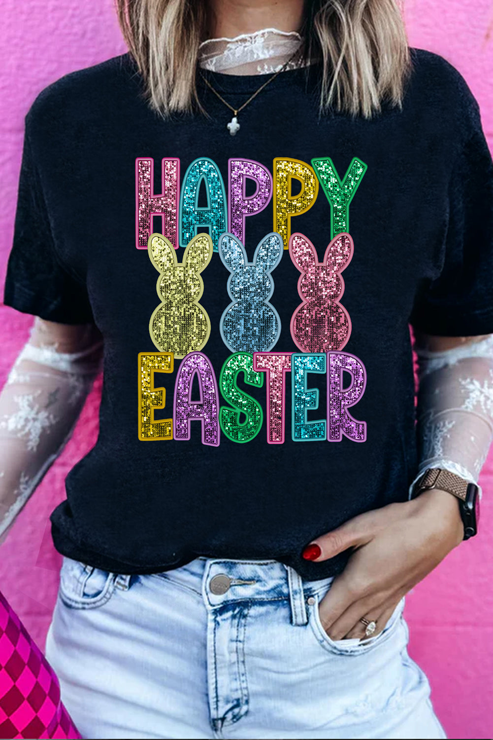 Black Glittering Bunny HAPPY EASTER Graphic T-Shirt