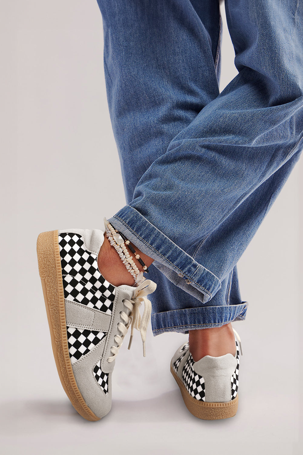 Black Checkerboard Patchwork Lace-up Flat Leatherette Sneakers