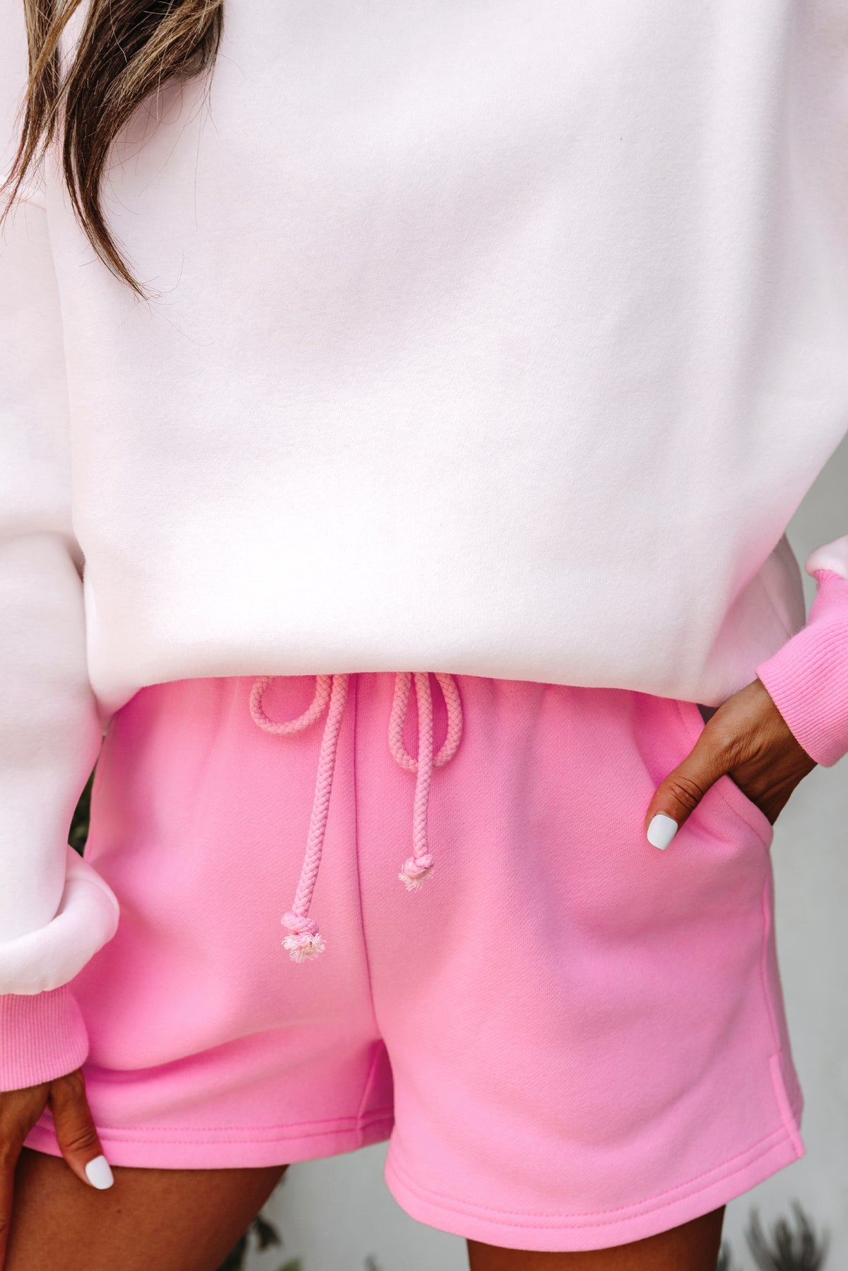 Strawberry Pink Color Block Pullover and Lace-up Elastic Waist Shorts Set