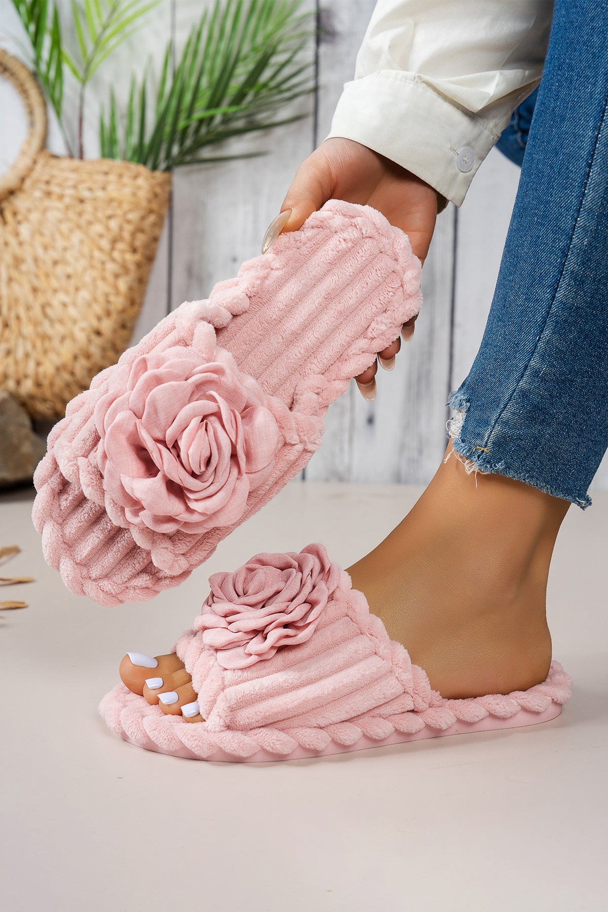 Pink 3D Flower Accent Corded Ribbed Open-Toe Sandals