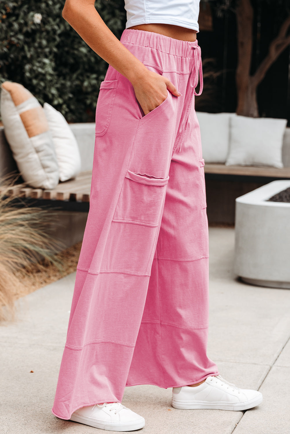 Bonbon Mineral Wash Exposed Seam Drawstring Elastic Waistband Wide Pants