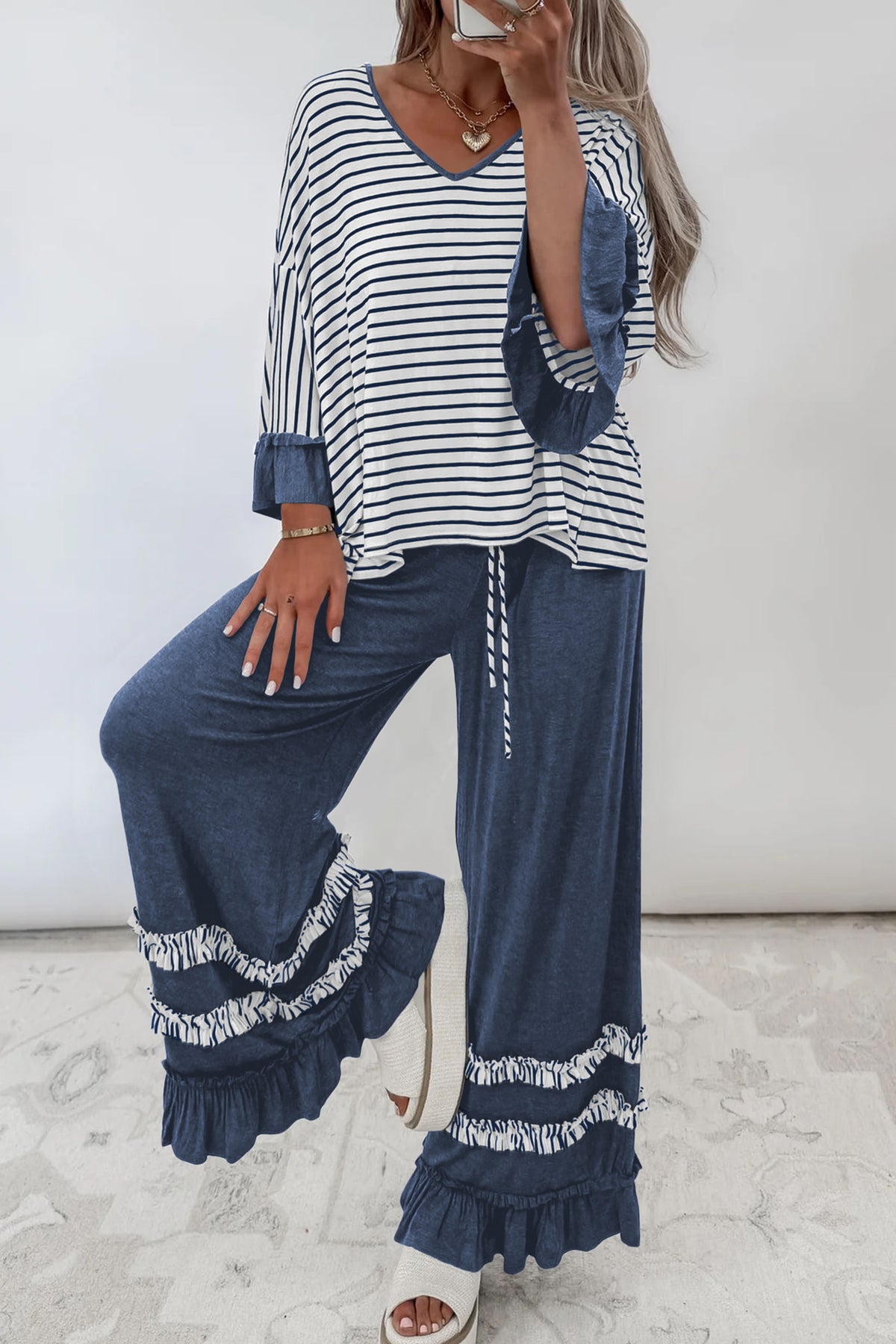 Women's Khaki Stripe V-Neck Ruffle Contrast Sleeve Top Drawstring Pants Two-Piece Set