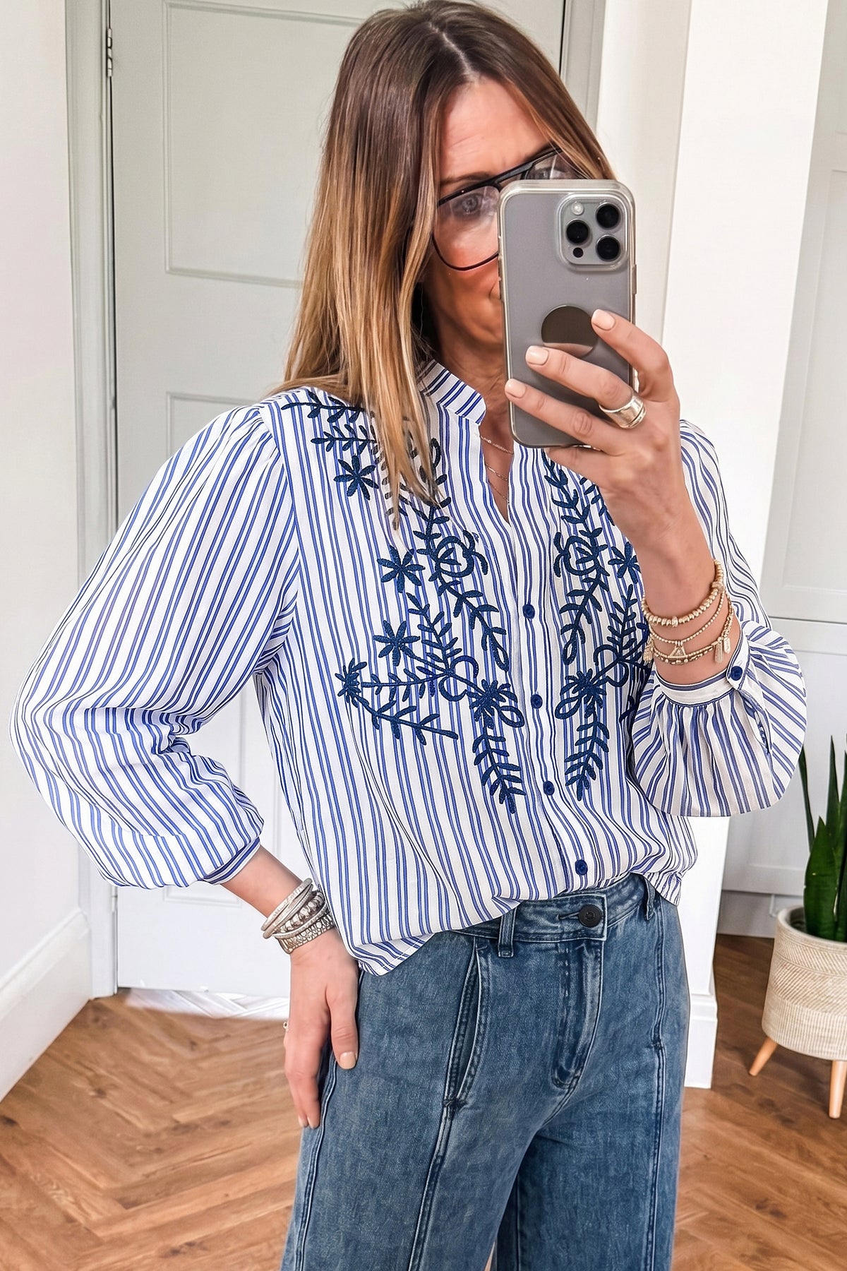 Blue Stripe Embroidered Button Front Shirt
