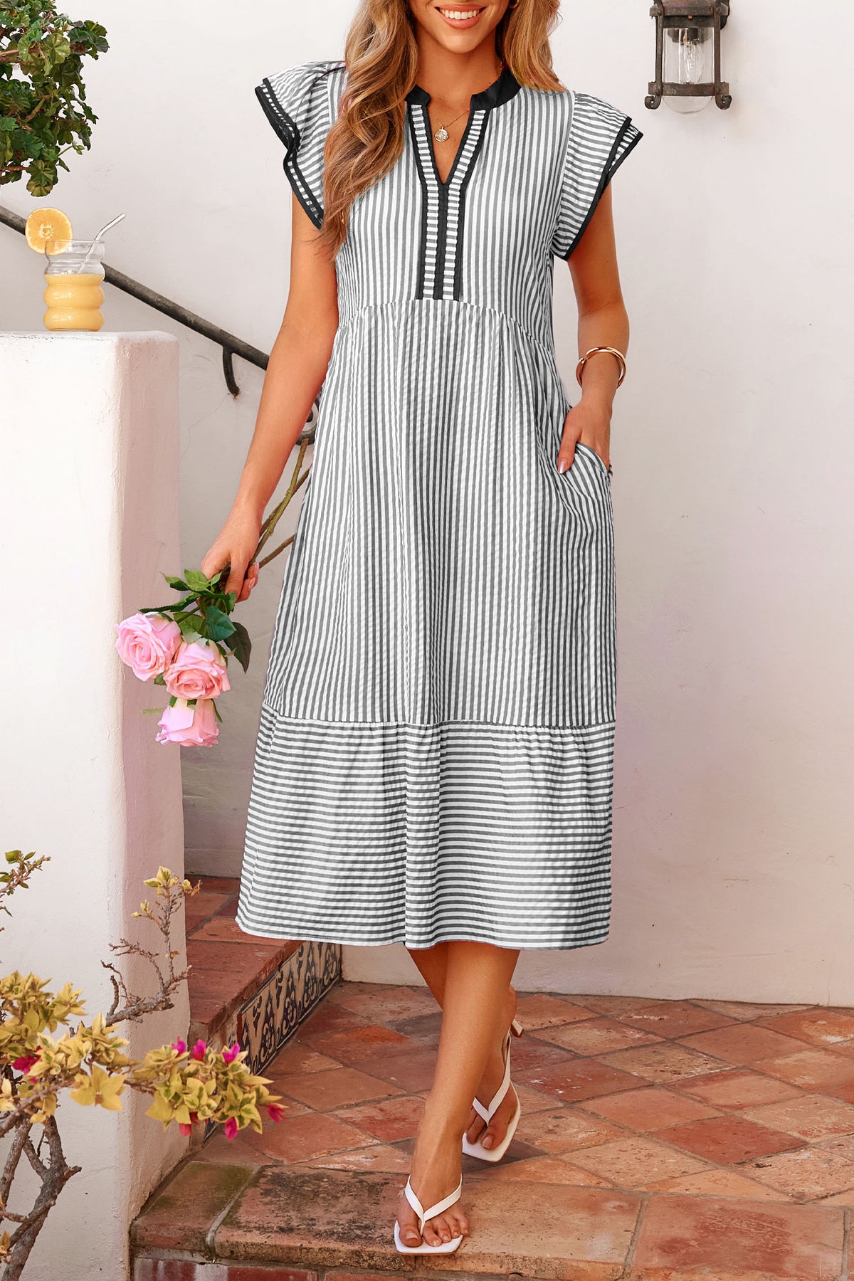 Black Stripe Contrast Trim V Neck Flutter Sleeve Long Dress