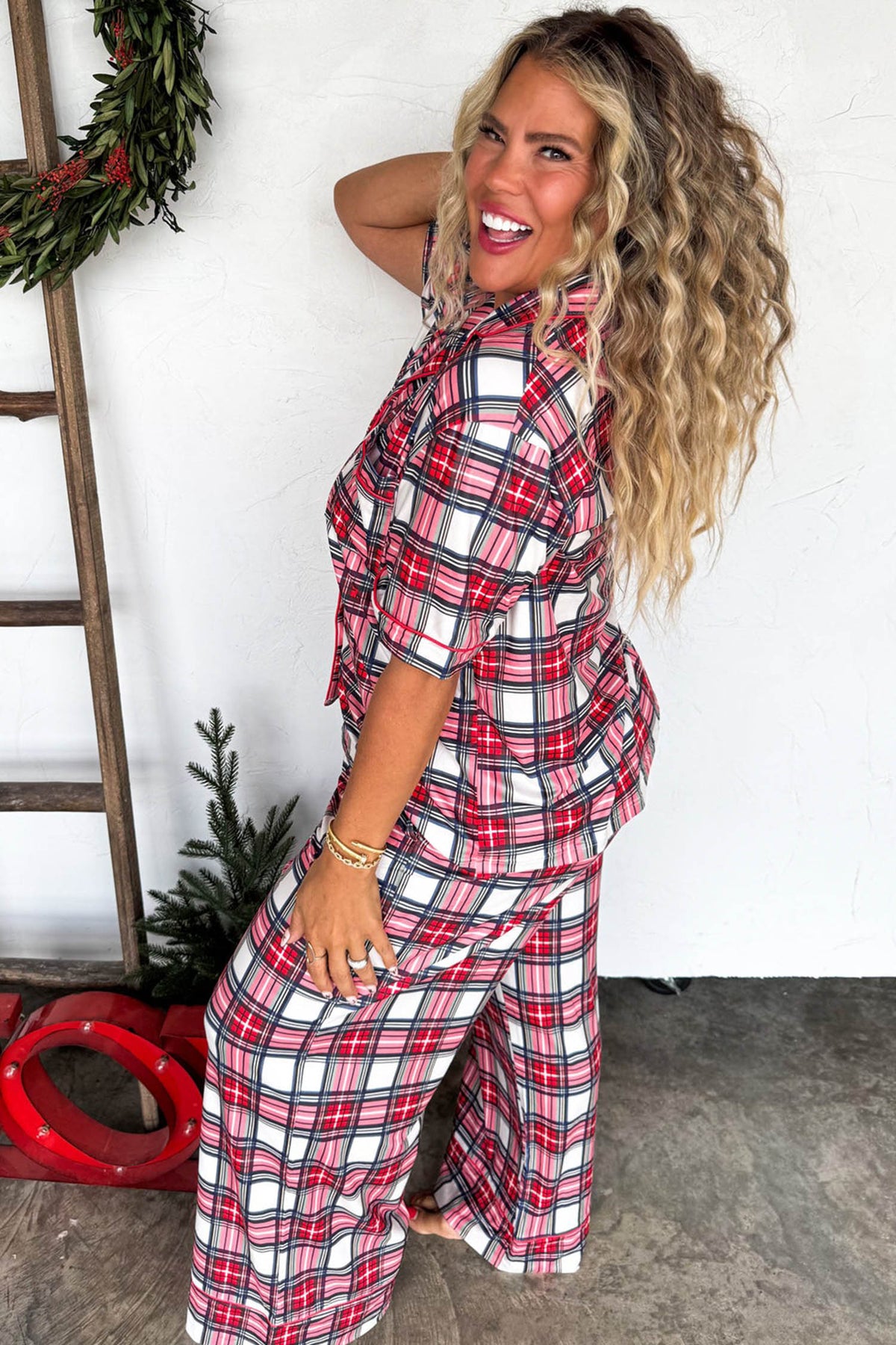 Red Plus Size Button Down Plaid Pajama 2-Piece Pant Set
