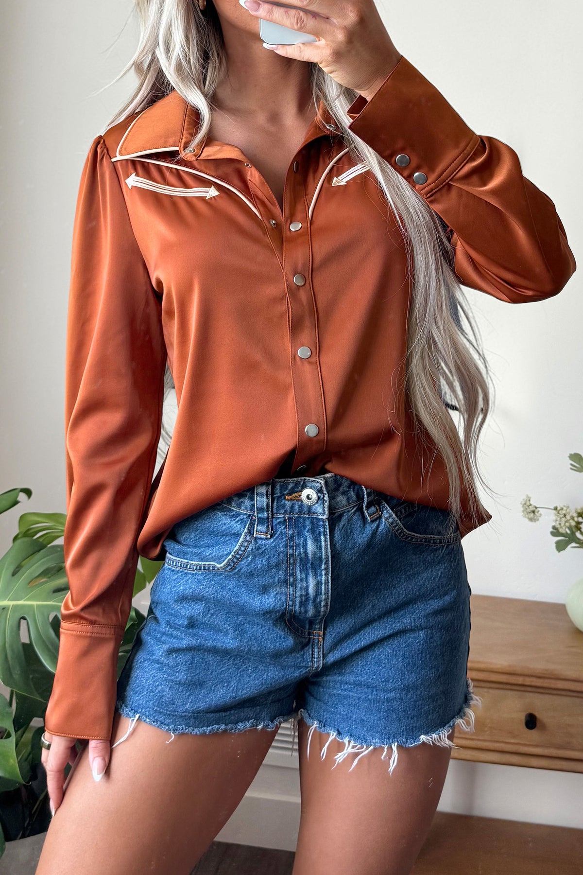 Cinnamon Silky Button Front Western Fashion Shirt
