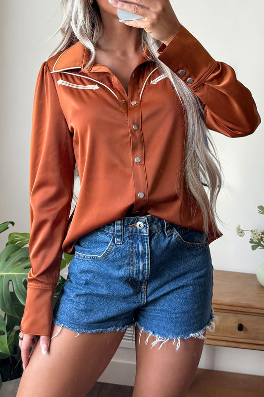 Cinnamon Silky Button Front Western Fashion Shirt