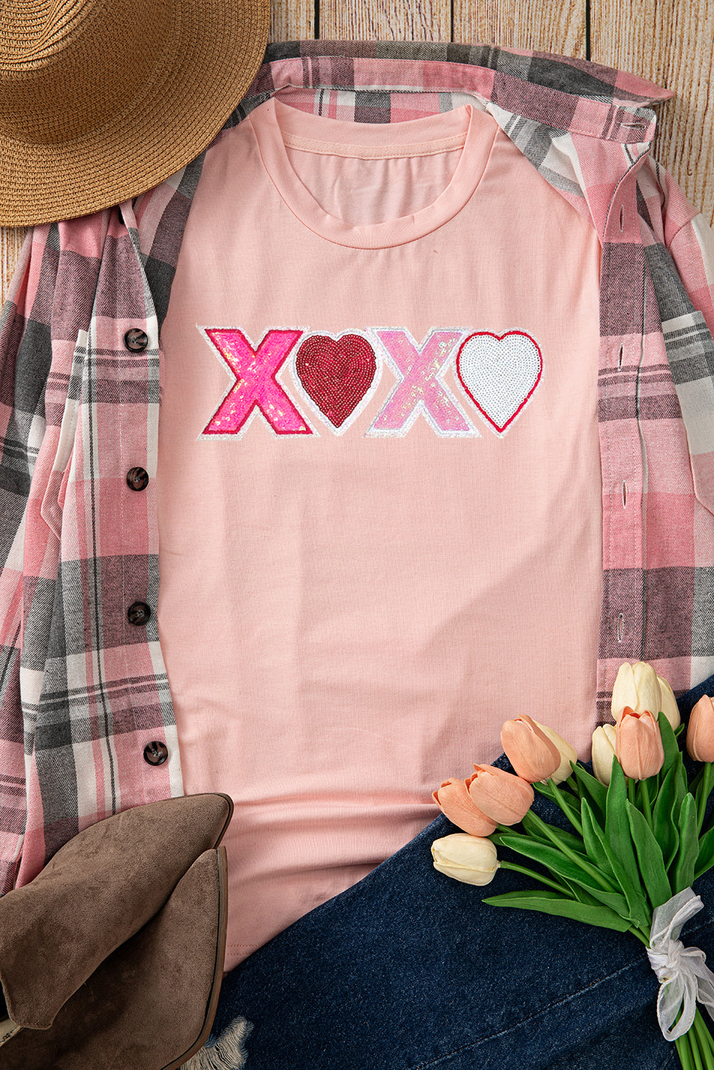 Pink Sequin Heart XOXO Patched Graphic Valentines T-Shirt