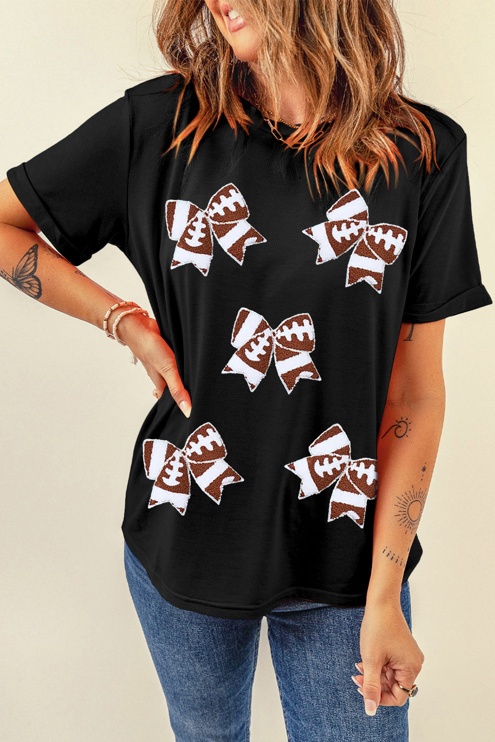 Black Rugby Football Bowknot Pattern Game Day T-Shirt