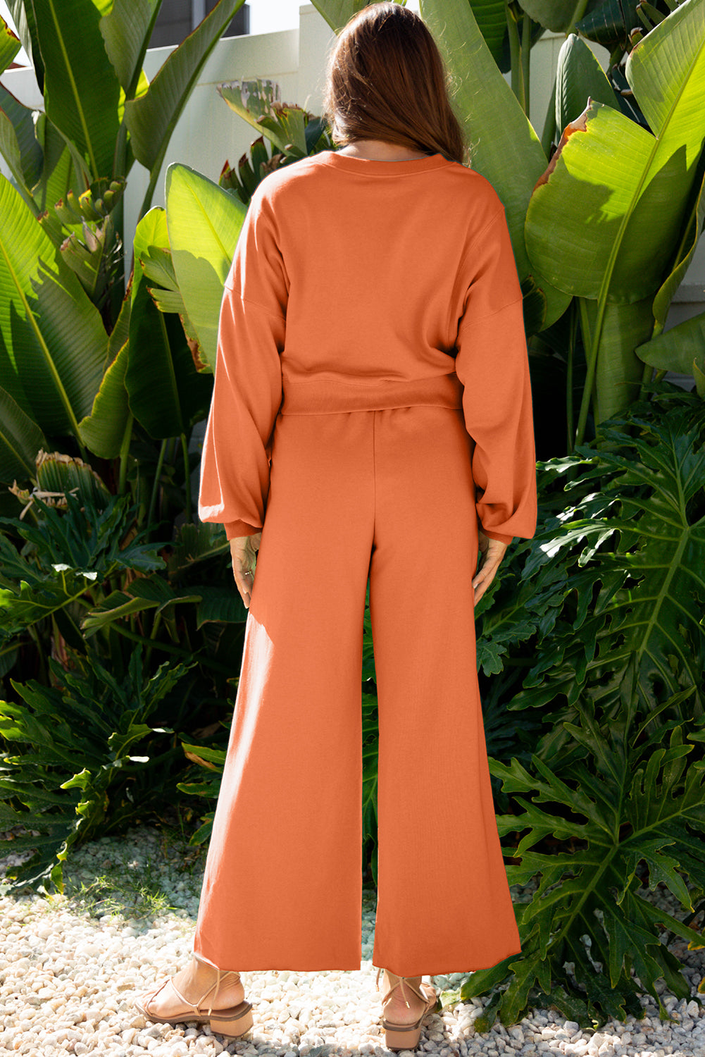 Women's Mist Blue Drop Shoulder Puff Sleeve Crop Pullover Wide Leg Pants Set