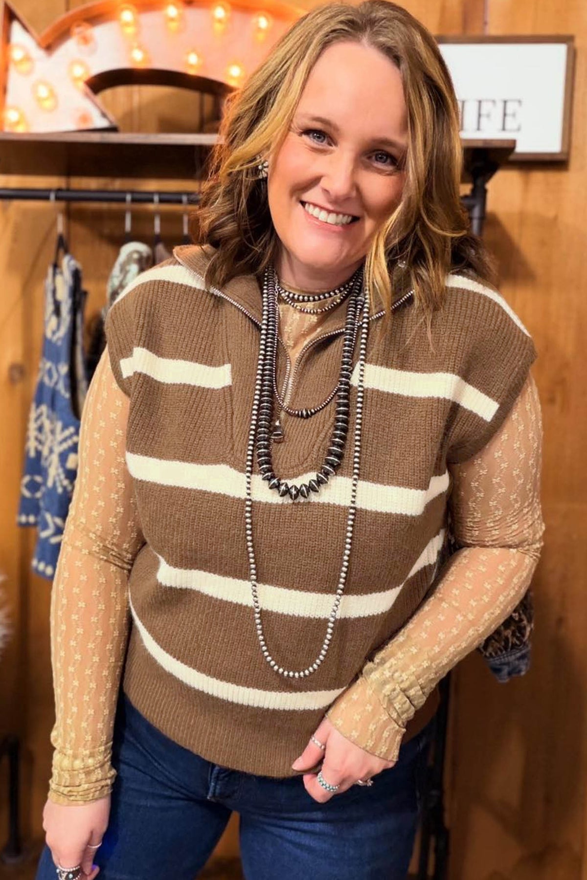 Brown Stripe Striped Colorblock V Neck Tunic Sweater T-shirt