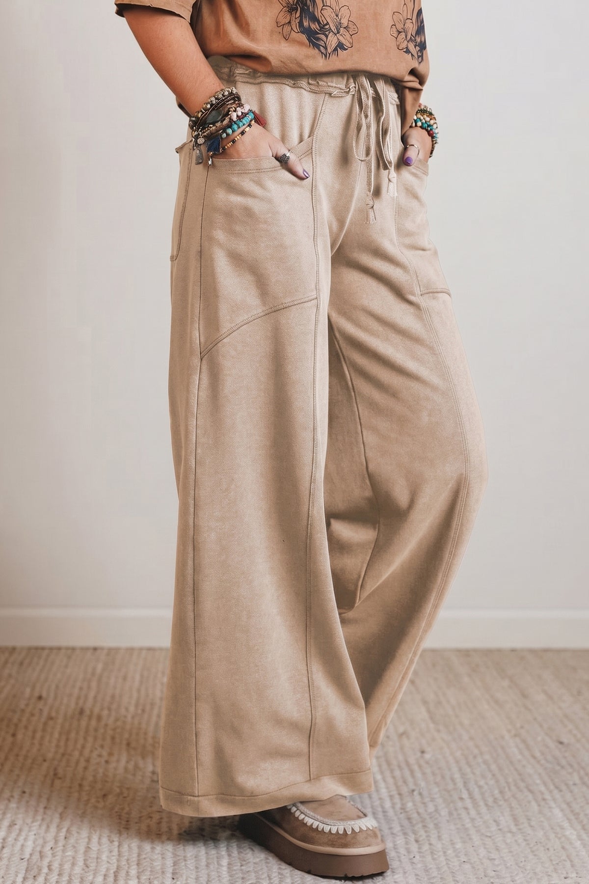 Smoke Gray Mineral Wash Drawstring Retro High Waist Wide Leg Pants
