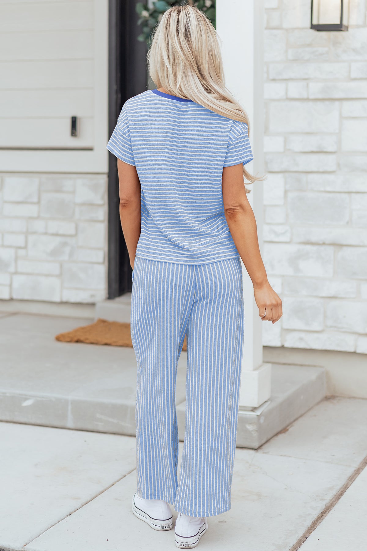 Women's Green Stripe Crewneck Tee Waist Cropped Pants Set