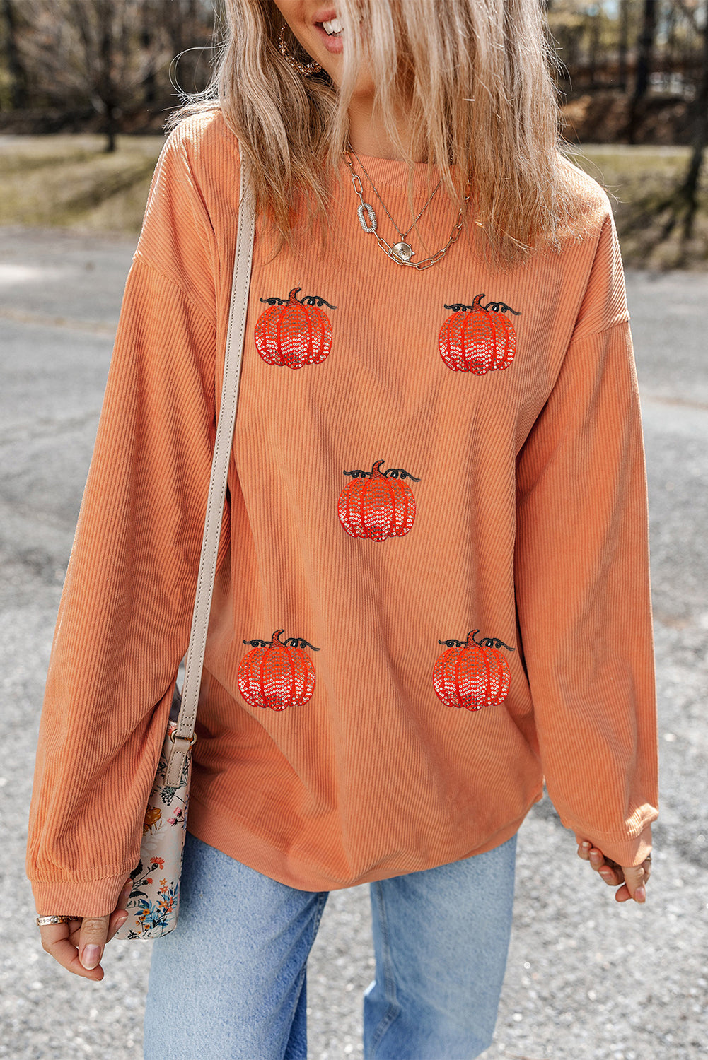 Orange Sequin Pumpkin Patched Twisted Rib Baggy Sweatshirt