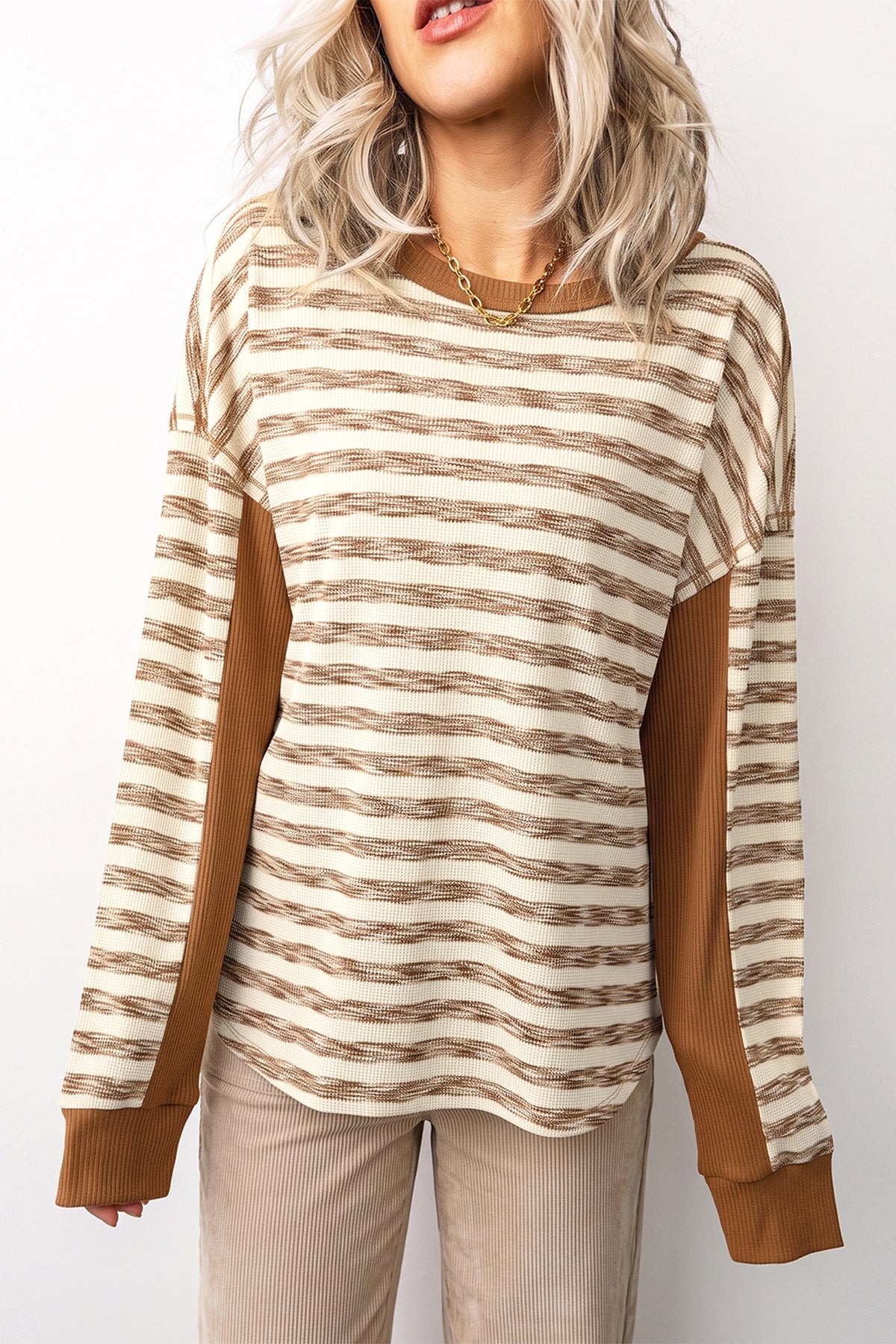Brown Stripe Textured Knit Color Block Trim Round Neck Top