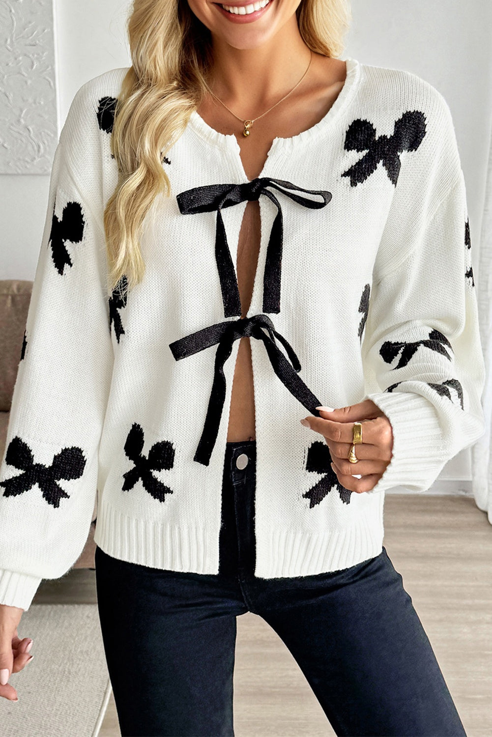 White Lace-up Bow Pattern Sweater Cardigan