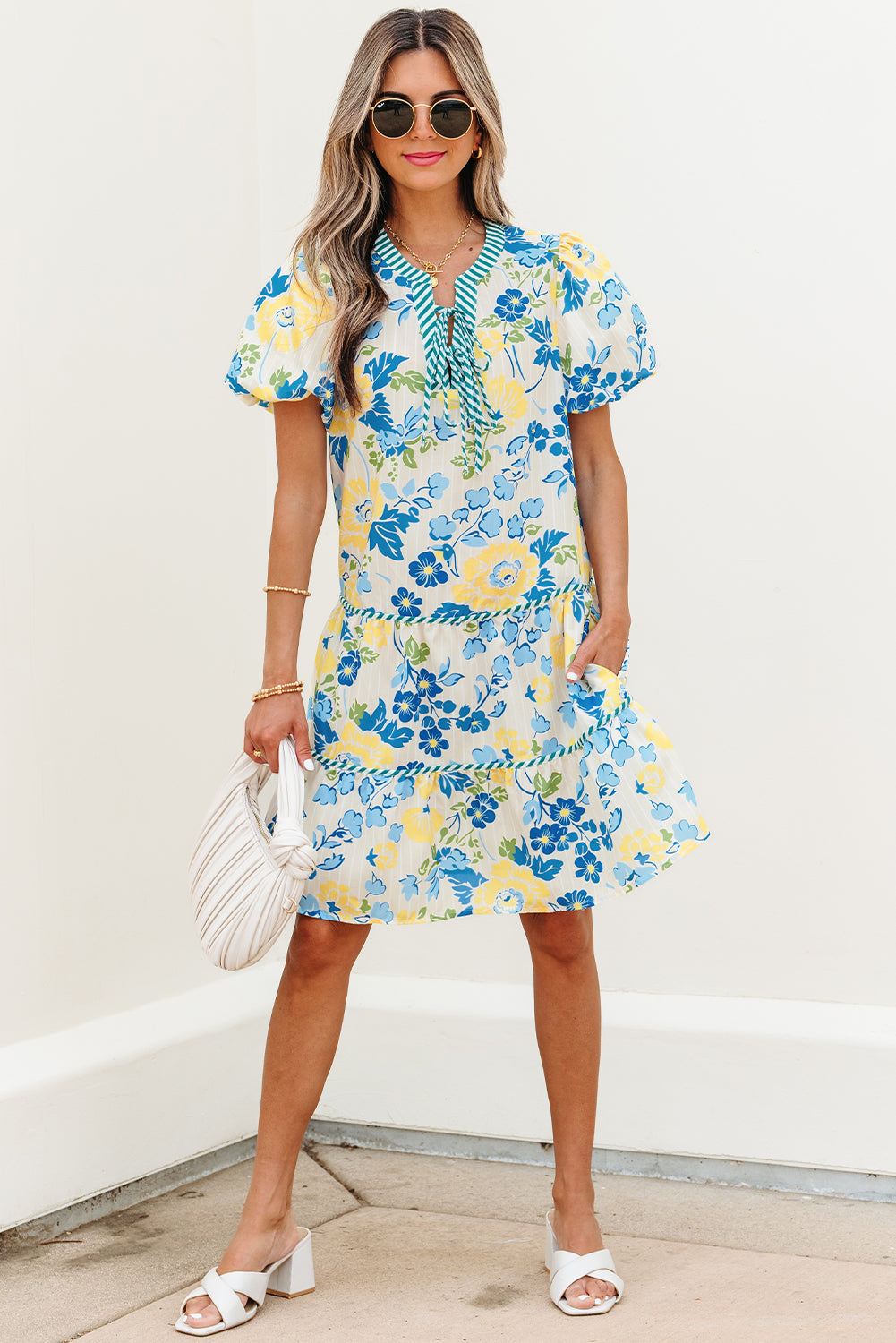 Blue Floral Striped Trim Puff Short Sleeve Dress