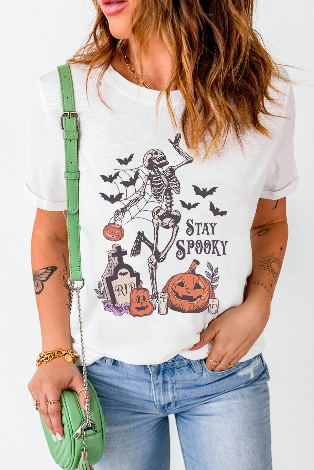 White Skull Pumpkin Face STAY SPOOKY Graphic Halloween T-Shirt