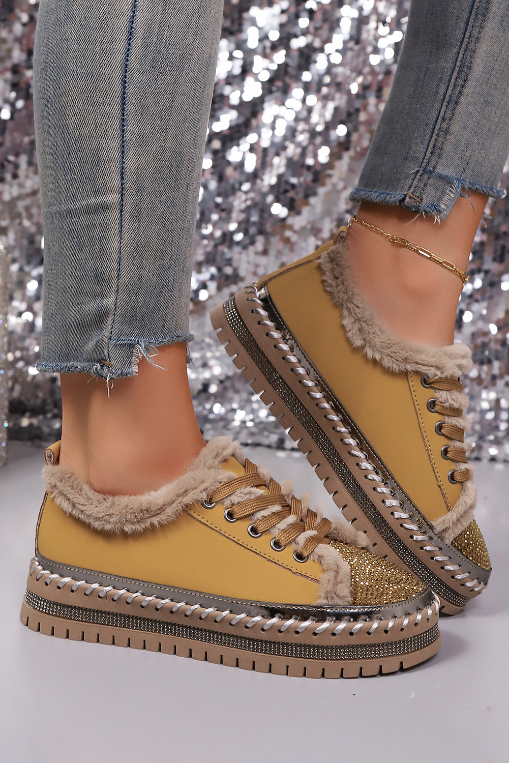 Thai Curry Rhinestone Faux-Fur Lined Lace-Up Shoes