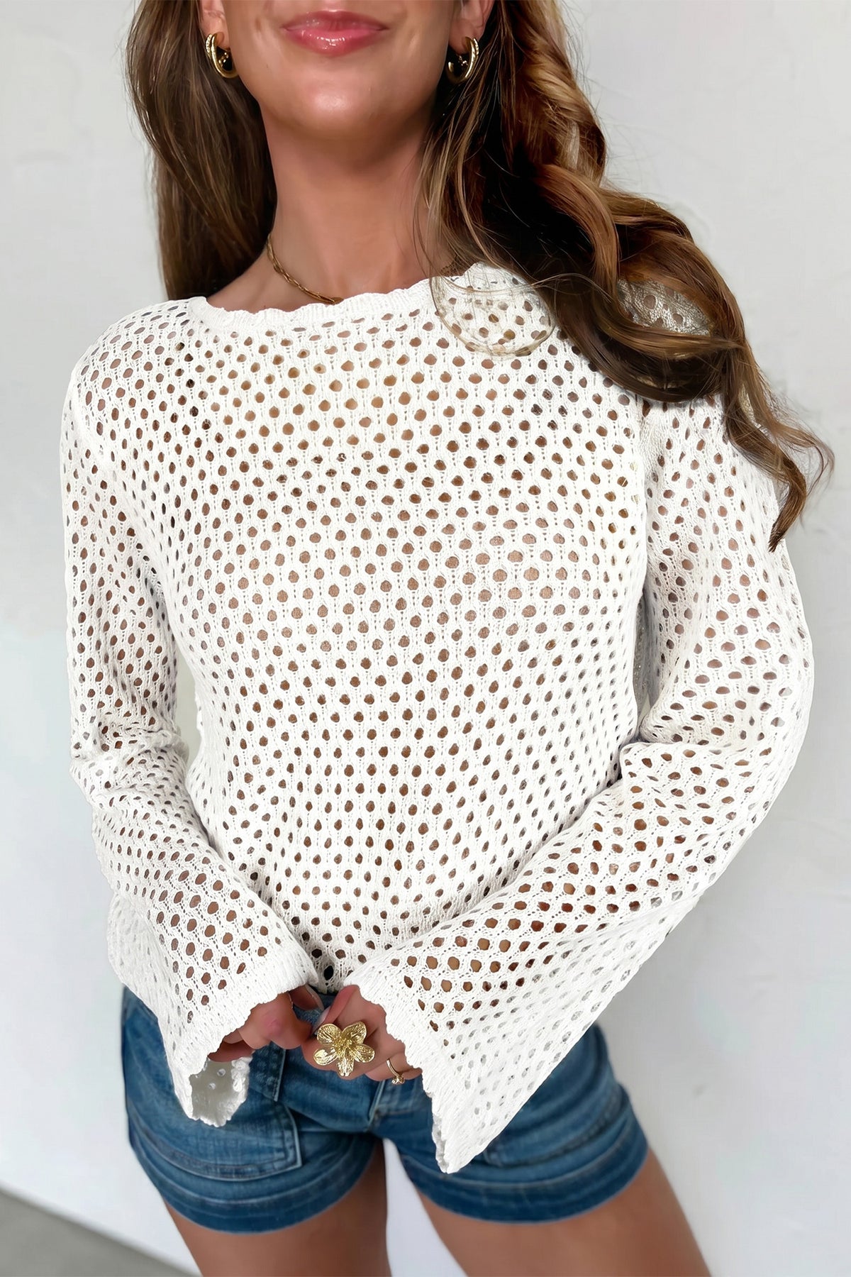 Yellow Cream Scalloped Trim Hollow Out Knit Long Sleeve Top