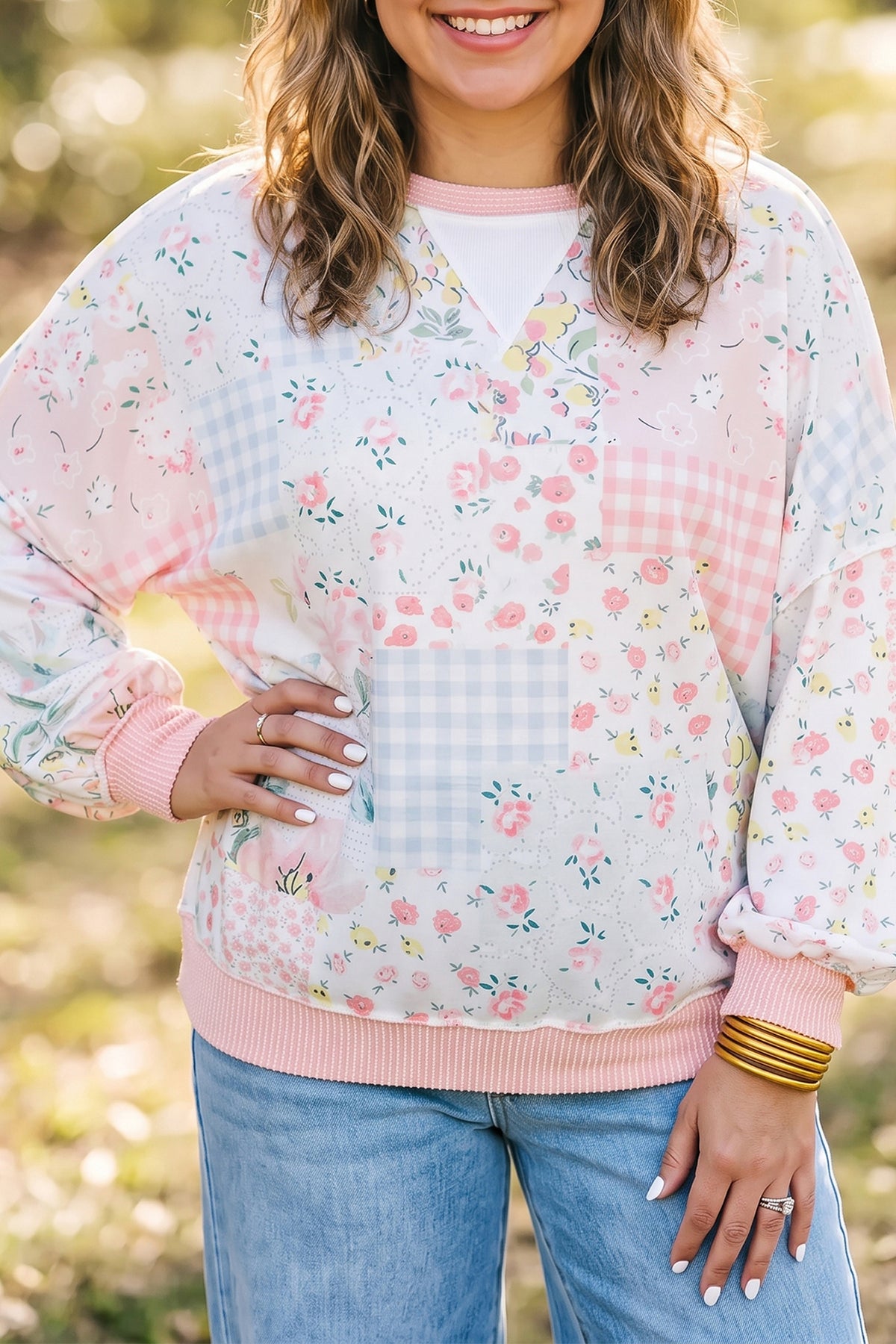 Pink Patchwork Floral Print Long-Sleeve Tunic Plus Size Blouse