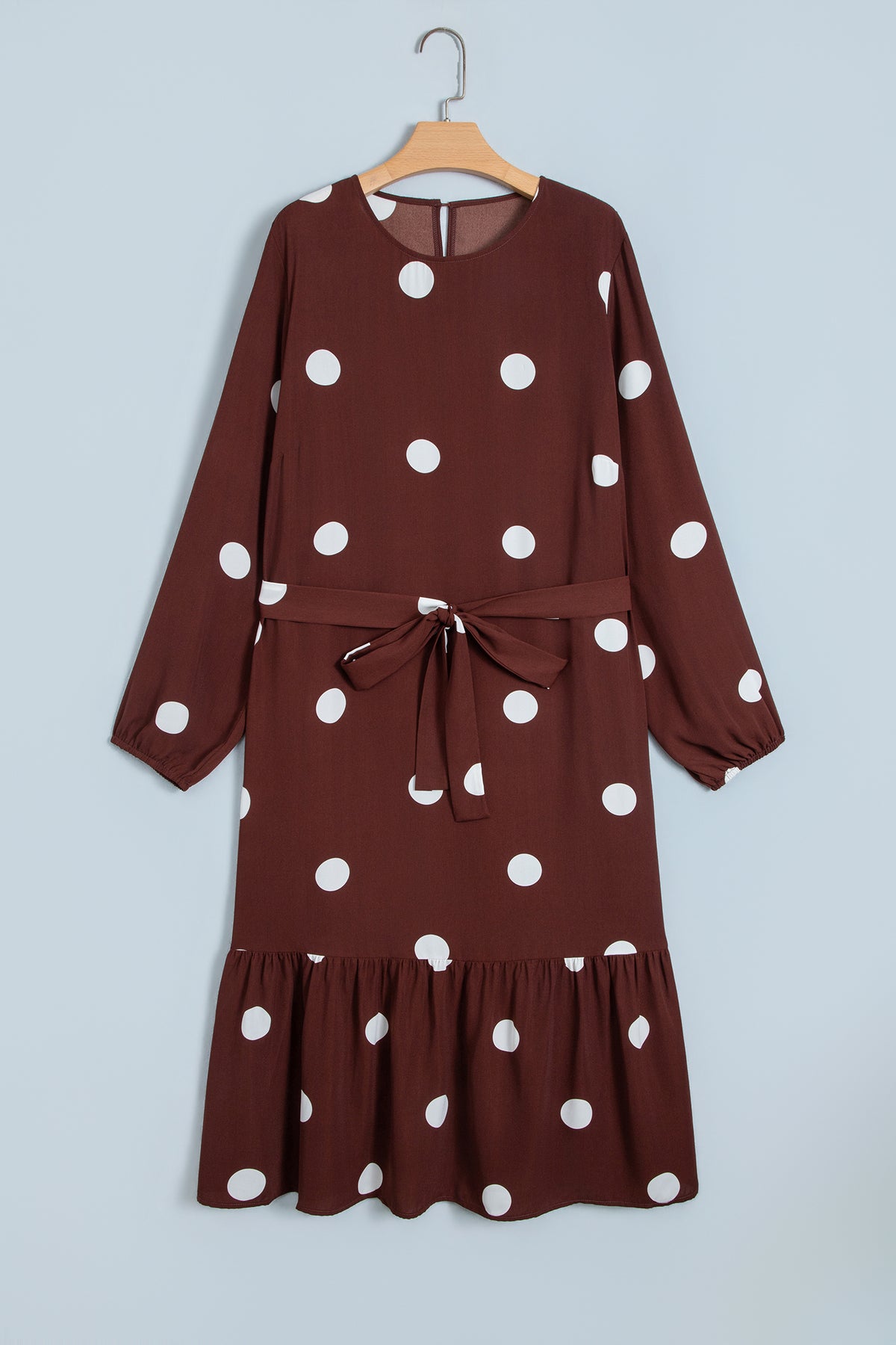 Brown Polka Dot Ruffled Hem Long-Sleeve Tie-Waist Plus Size Dress