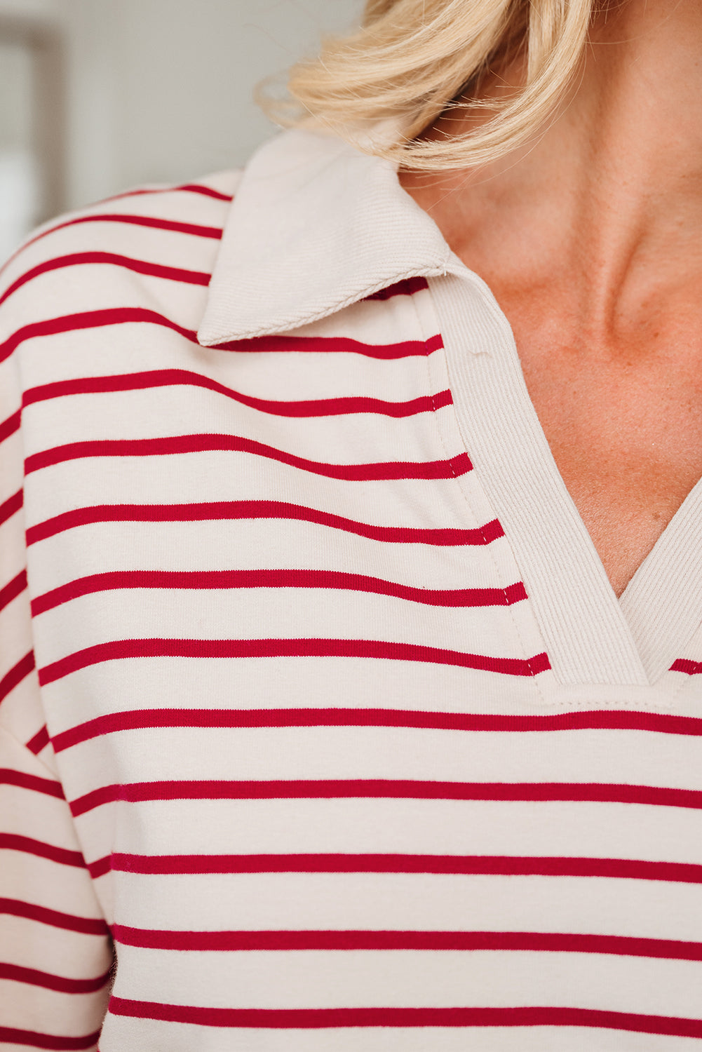 Women's Red Stripe Cropped Collared Drop Shoulder Pullover and Bubble Mini Skirt Set