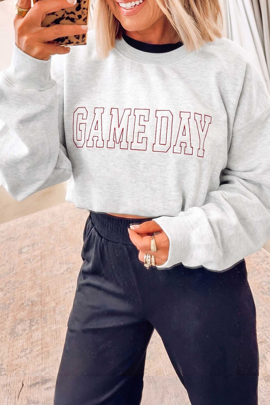 Light Grey Game Day Letter Embroidery Round Neck Sweatshirt