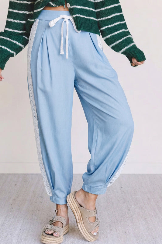 Beau Blue Lace Accent Floral Patched Pocket Pleated Wide Leg Pants